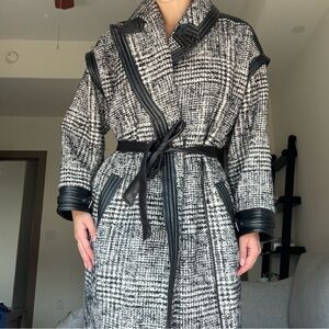 TWINSET Houndstooth Black and White Midi Coat with Leather Details Size 42